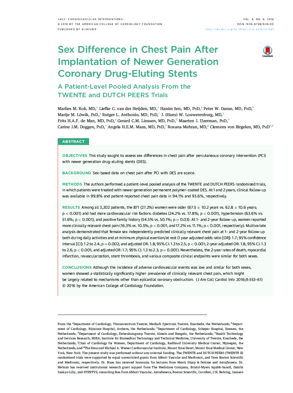 Sex Difference in Chest Pain After Implantation of Newer Generation Coronary Drug-Eluting Stents : A Patient-Level Pooled Analysis From the TWENTE and DUTCH PEERS Trials