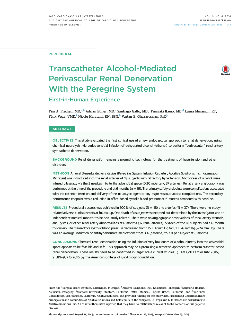 Transcatheter Alcohol-Mediated Perivascular Renal Denervation With the Peregrine System : First-in-Human Experience