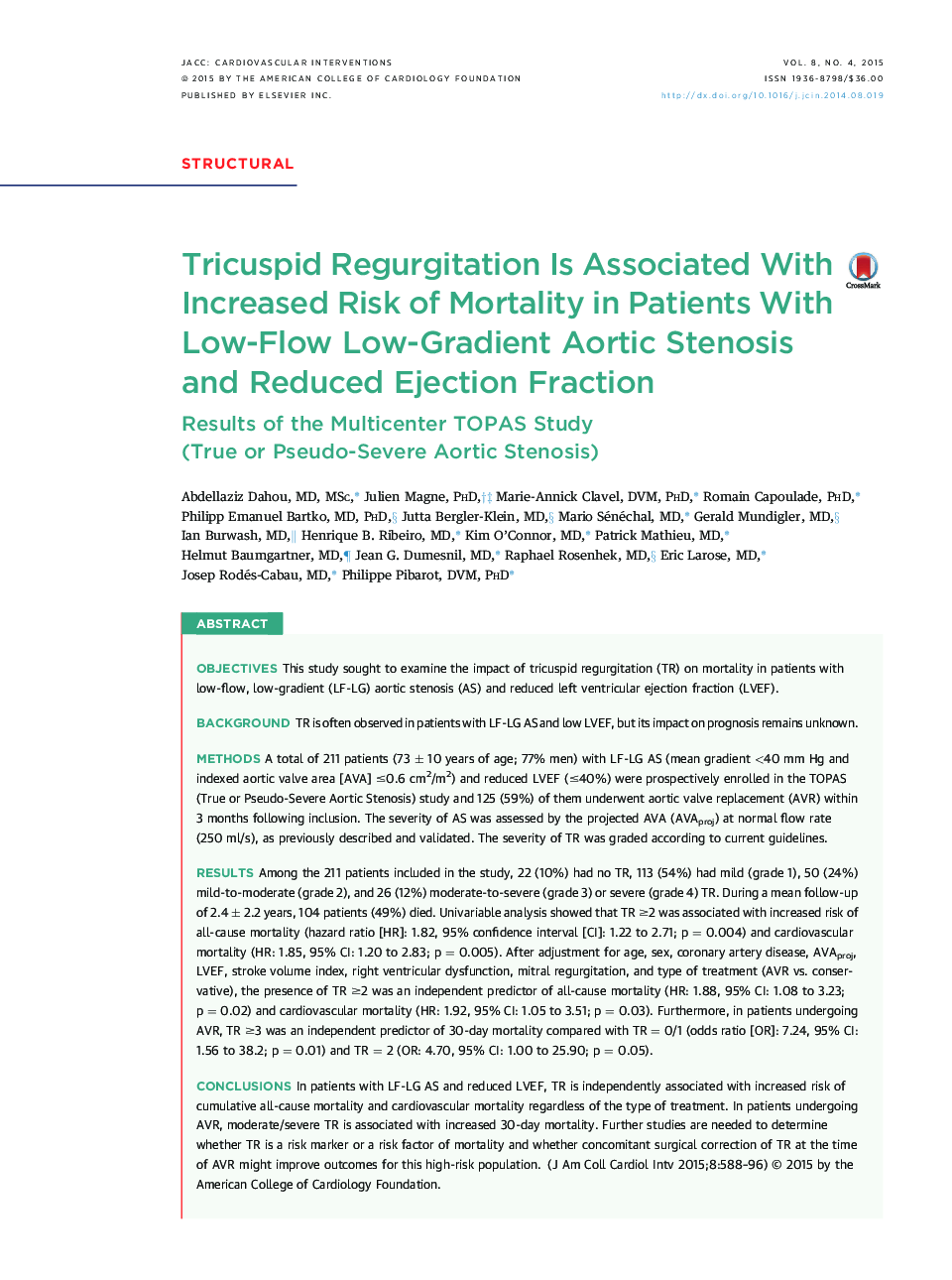 Tricuspid Regurgitation Is Associated With Increased Risk of Mortality in Patients With Low-Flow Low-Gradient Aortic Stenosis and Reduced Ejection Fraction : Results of the Multicenter TOPAS Study (True or Pseudo-Severe Aortic Stenosis)