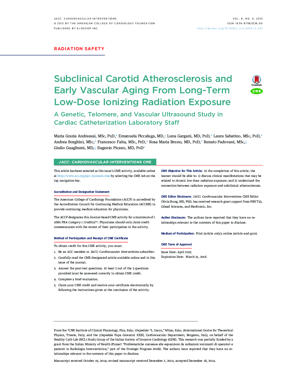 Subclinical Carotid Atherosclerosis and Early Vascular Aging From Long-Term Low-Dose Ionizing Radiation Exposure : A Genetic, Telomere, and Vascular Ultrasound Study in Cardiac Catheterization Laboratory Staff