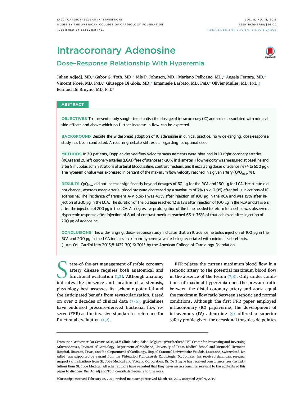 Intracoronary Adenosine : Dose–Response Relationship With Hyperemia