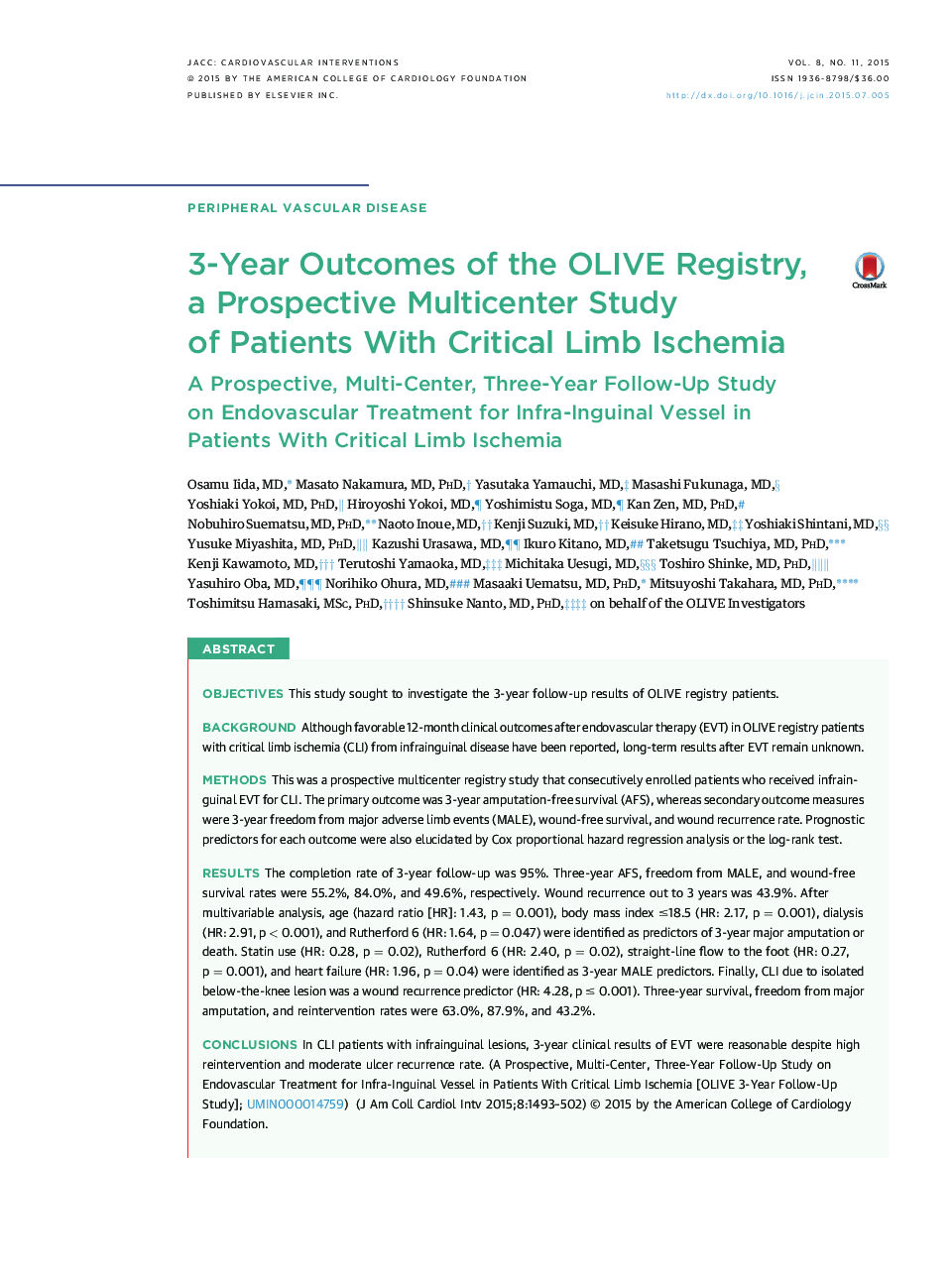 3-Year Outcomes of the OLIVE Registry, a Prospective Multicenter Study of Patients With Critical Limb Ischemia : A Prospective, Multi-Center, Three-Year Follow-Up Study on Endovascular Treatment for Infra-Inguinal Vessel in Patients With Critical Limb Isc