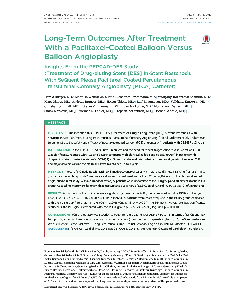 Long-Term Outcomes After Treatment With a Paclitaxel-Coated Balloon Versus Balloon Angioplasty : Insights From the PEPCAD-DES Study (Treatment of Drug-eluting Stent [DES] In-Stent Restenosis With SeQuent Please Paclitaxel-Coated Percutaneous Transluminal 