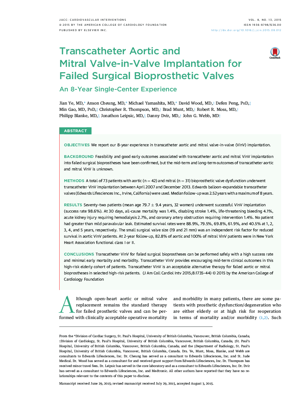Transcatheter Aortic and Mitral Valve-in-Valve Implantation for Failed Surgical Bioprosthetic Valves : An 8-Year Single-Center Experience