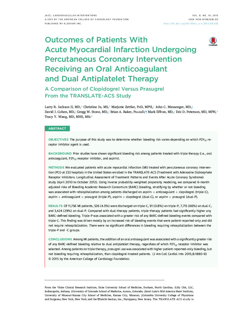 Outcomes of Patients With Acute Myocardial Infarction Undergoing Percutaneous Coronary Intervention Receiving an Oral Anticoagulant and Dual Antiplatelet Therapy : A Comparison of Clopidogrel Versus Prasugrel From the TRANSLATE-ACS Study