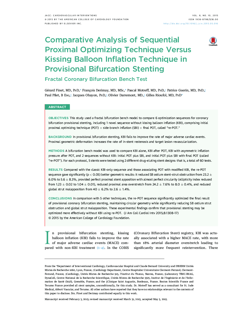 Comparative Analysis of Sequential Proximal Optimizing Technique Versus Kissing Balloon Inflation Technique in Provisional Bifurcation Stenting : Fractal Coronary Bifurcation Bench Test