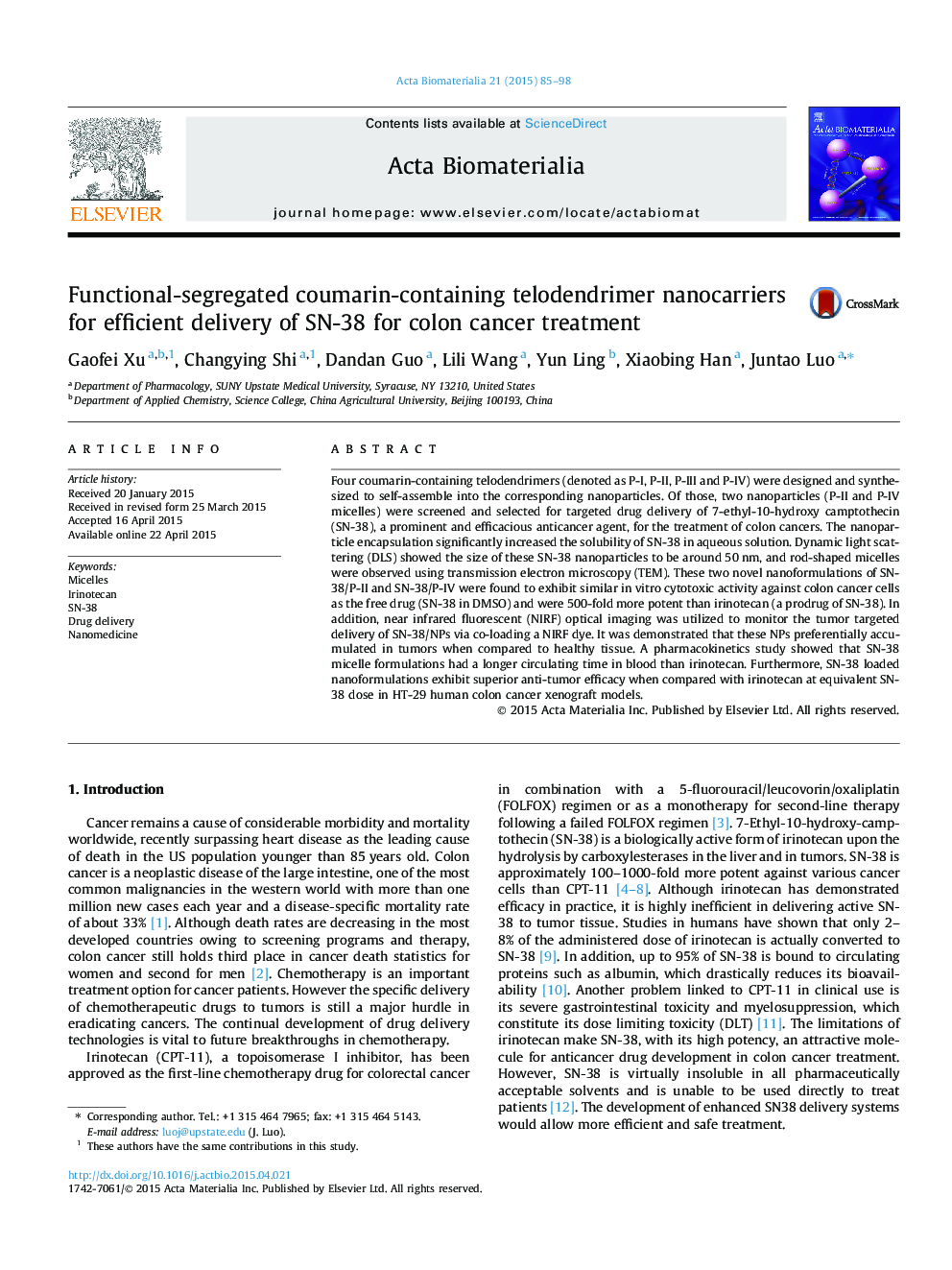 Functional-segregated coumarin-containing telodendrimer nanocarriers for efficient delivery of SN-38 for colon cancer treatment