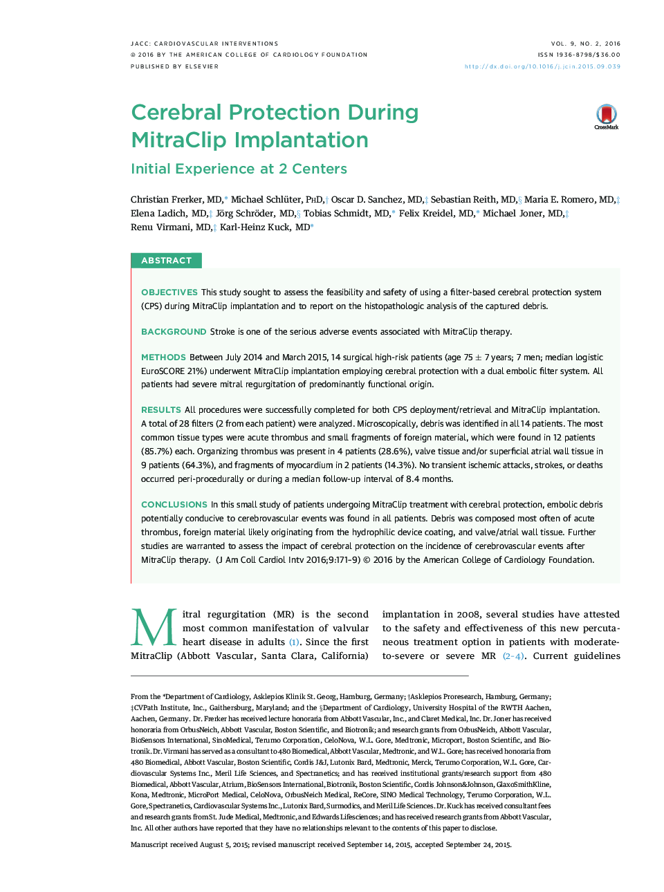 Cerebral Protection During MitraClip Implantation : Initial Experience at 2 Centers