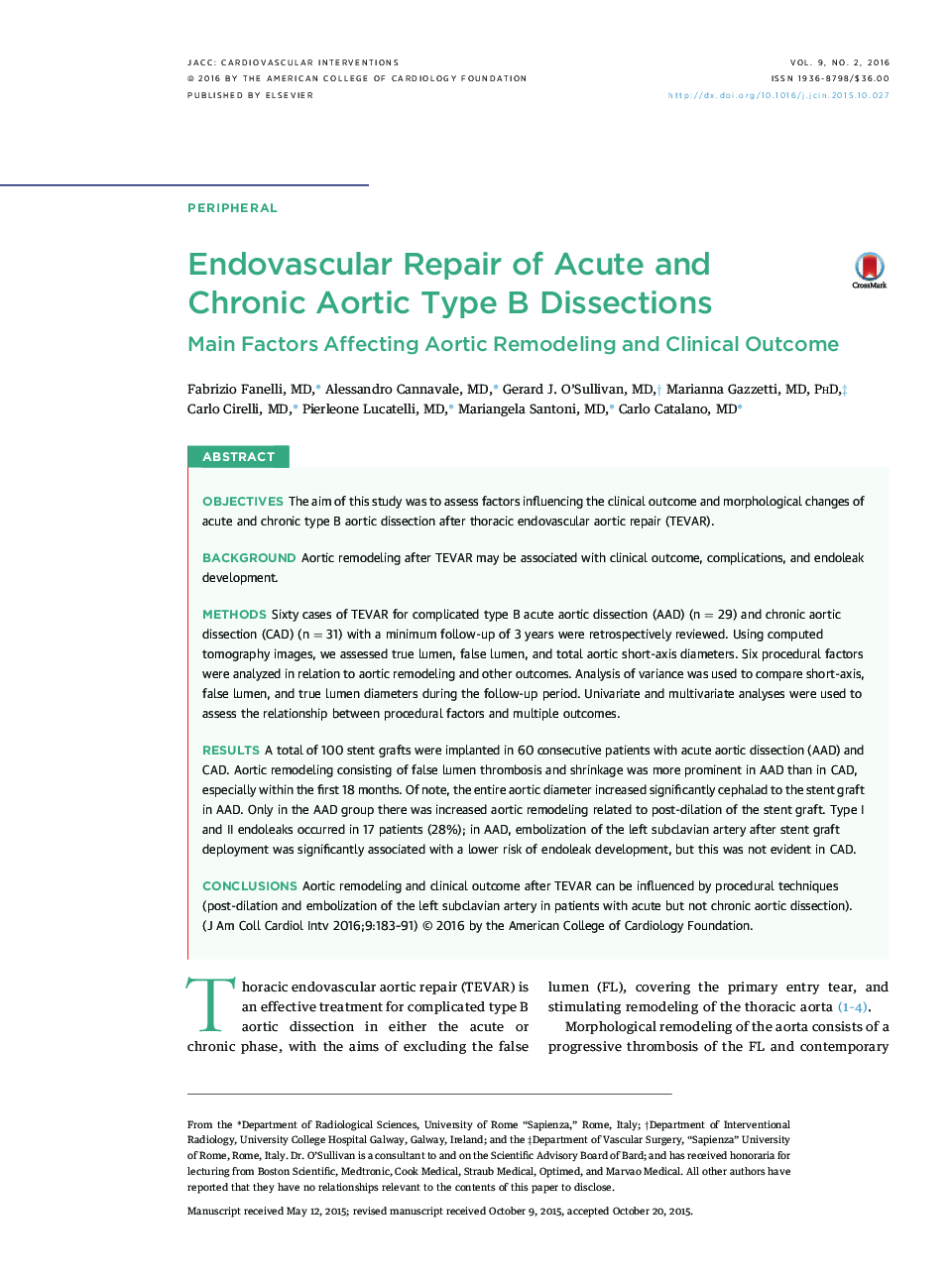 Endovascular Repair of Acute and Chronic Aortic Type B Dissections : Main Factors Affecting Aortic Remodeling and Clinical Outcome