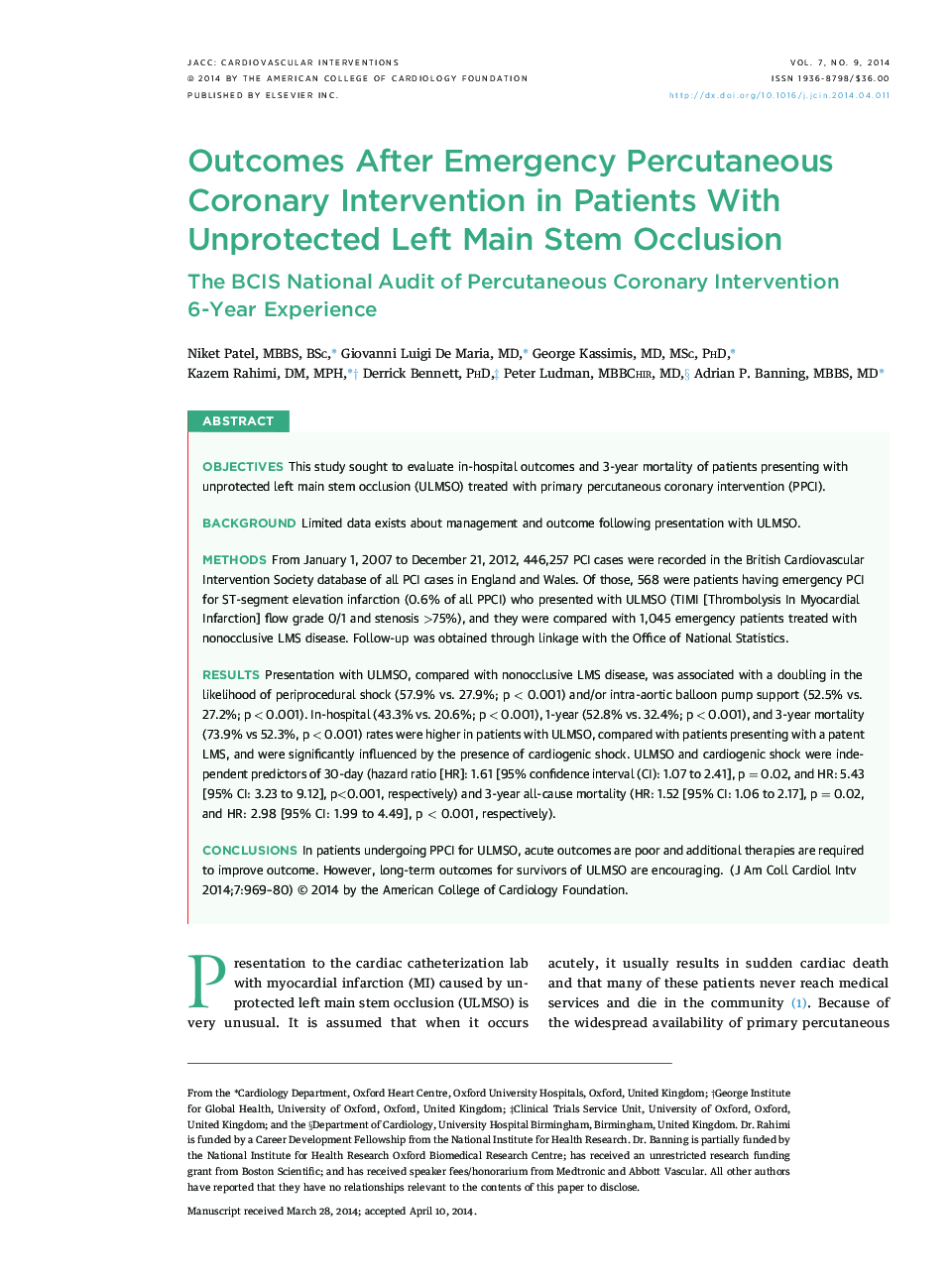 Outcomes After Emergency Percutaneous Coronary Intervention in Patients With Unprotected Left Main Stem Occlusion : The BCIS National Audit of Percutaneous Coronary Intervention 6-Year Experience