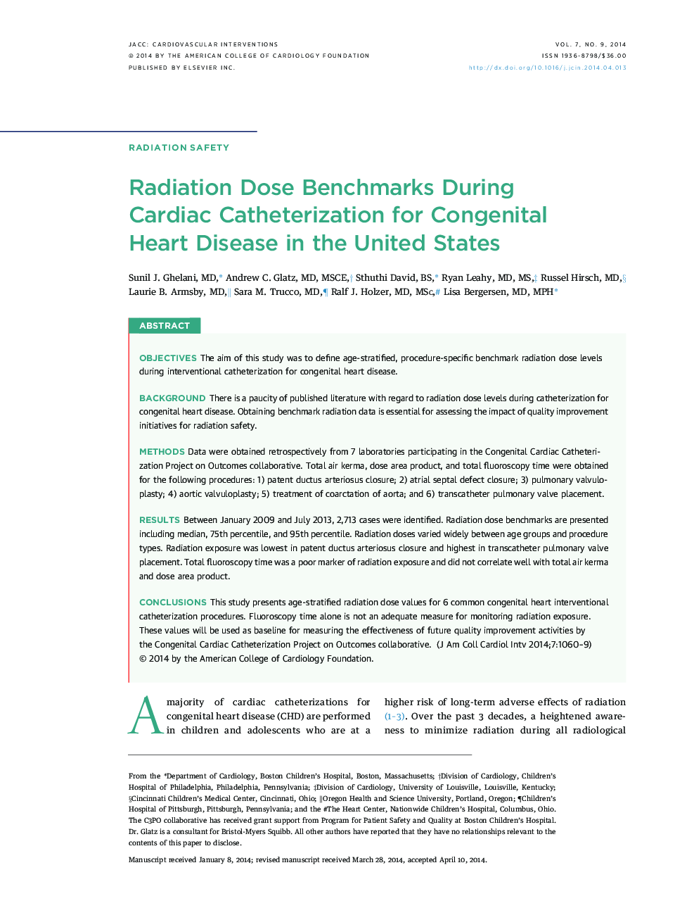 Radiation Dose Benchmarks During Cardiac Catheterization for Congenital Heart Disease in the United States 