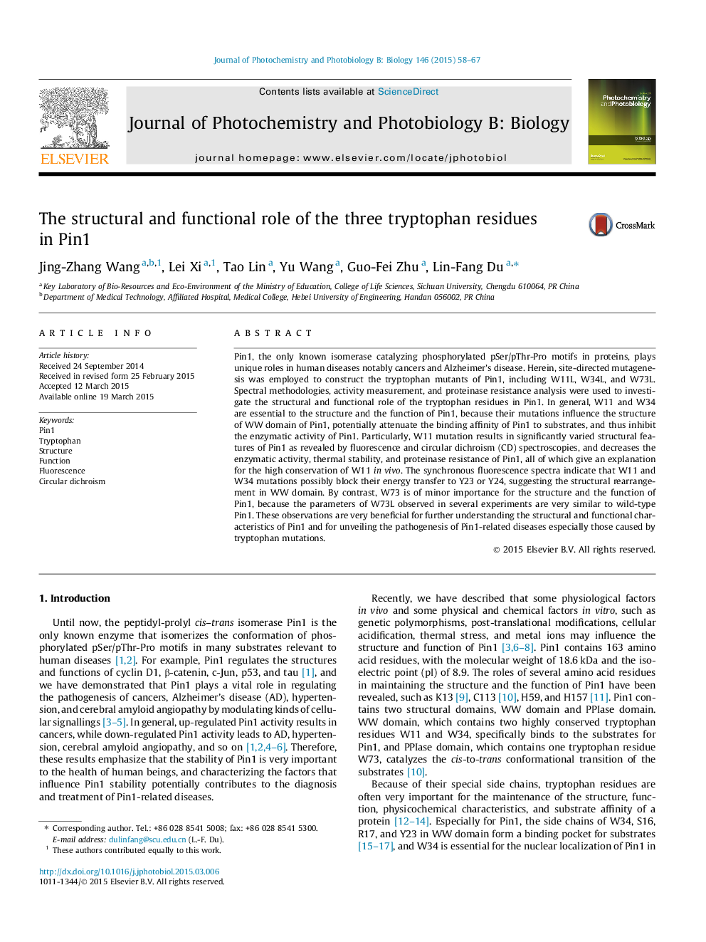 The structural and functional role of the three tryptophan residues in Pin1