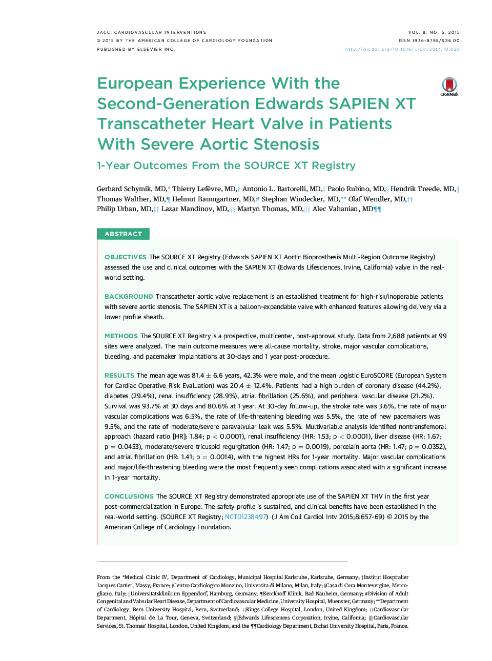 European Experience With the Second-Generation Edwards SAPIEN XT Transcatheter Heart Valve in Patients With Severe Aortic Stenosis : 1-Year Outcomes From the SOURCE XT Registry