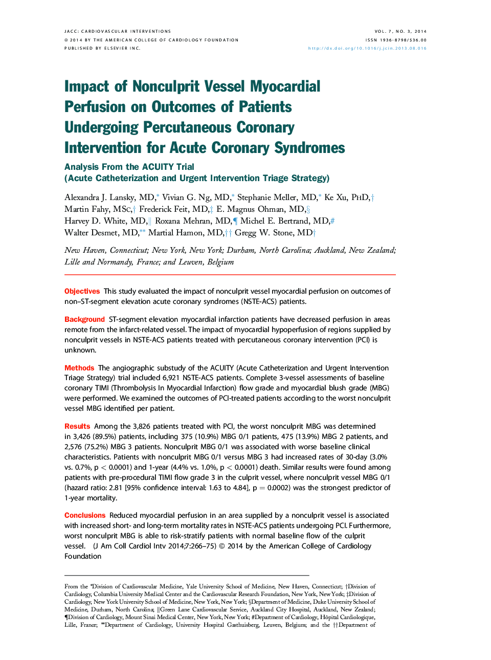 Impact of Nonculprit Vessel Myocardial Perfusion on Outcomes of Patients Undergoing Percutaneous Coronary Intervention for Acute Coronary Syndromes : Analysis From the ACUITY Trial (Acute Catheterization and Urgent Intervention Triage Strategy)