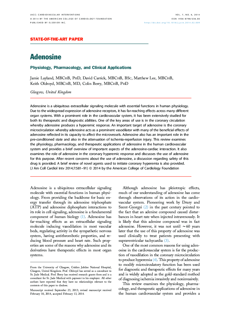 Adenosine : Physiology, Pharmacology, and Clinical Applications