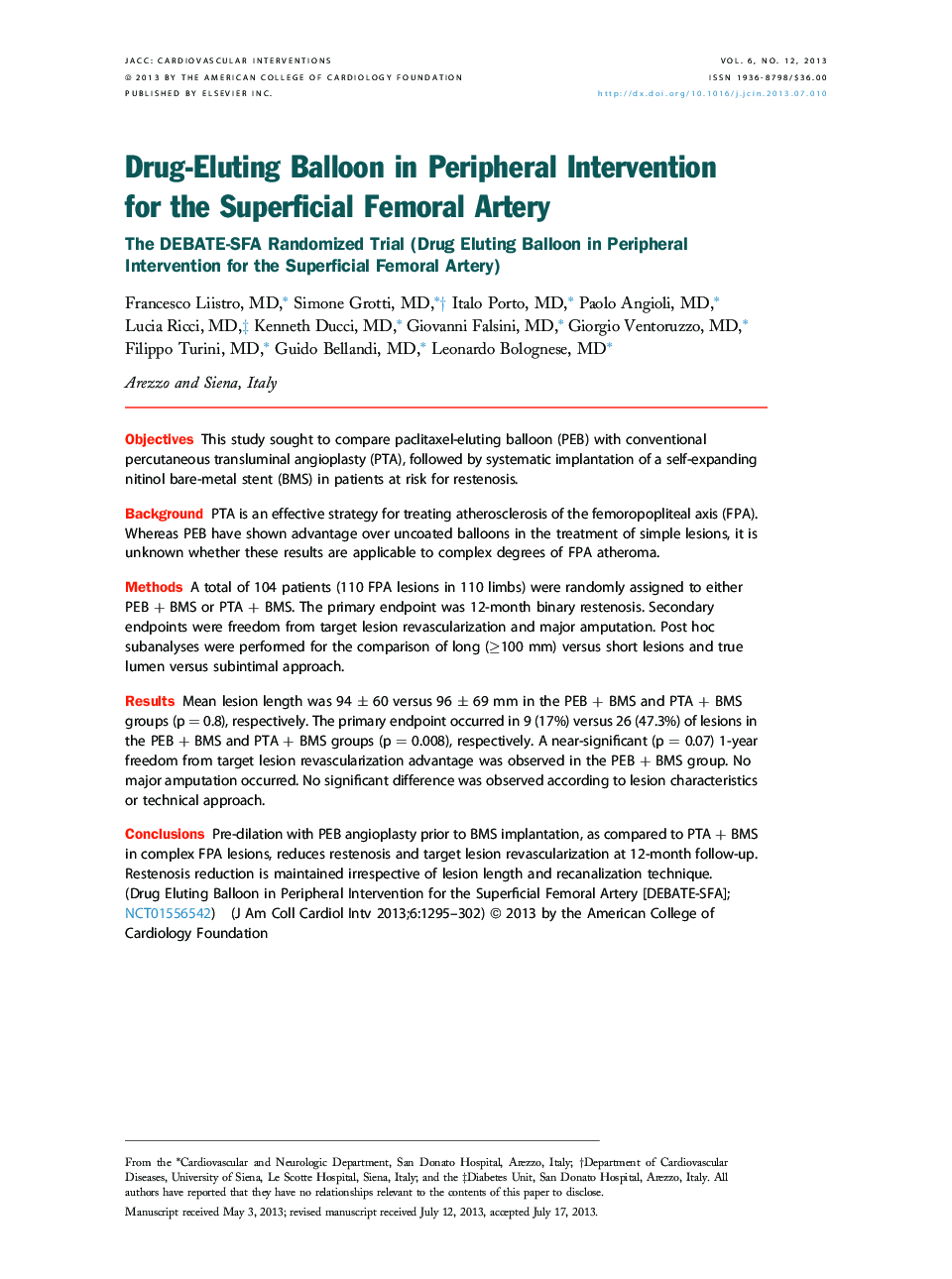 Drug-Eluting Balloon in Peripheral Intervention for the Superficial Femoral Artery : The DEBATE-SFA Randomized Trial (Drug Eluting Balloon in Peripheral Intervention for the Superficial Femoral Artery)