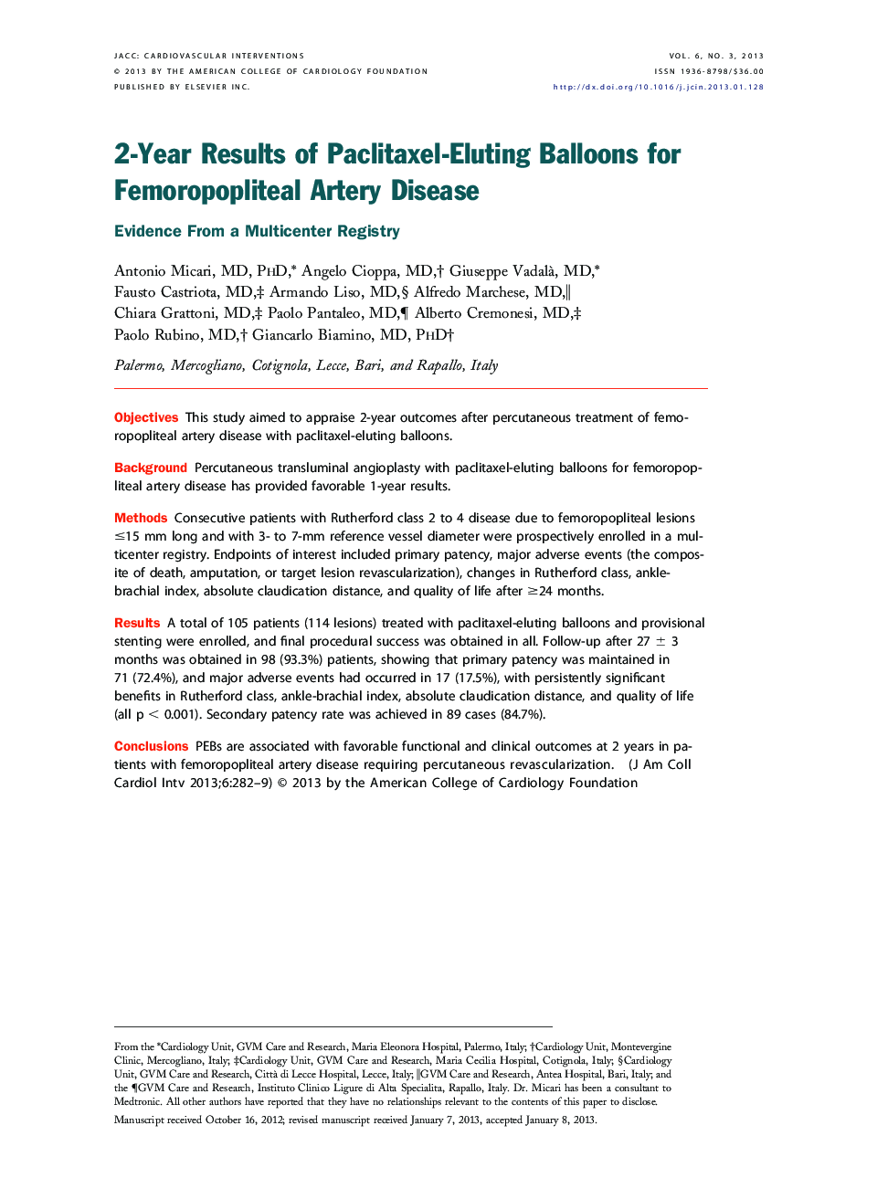 2-Year Results of Paclitaxel-Eluting Balloons for Femoropopliteal Artery Disease : Evidence From a Multicenter Registry