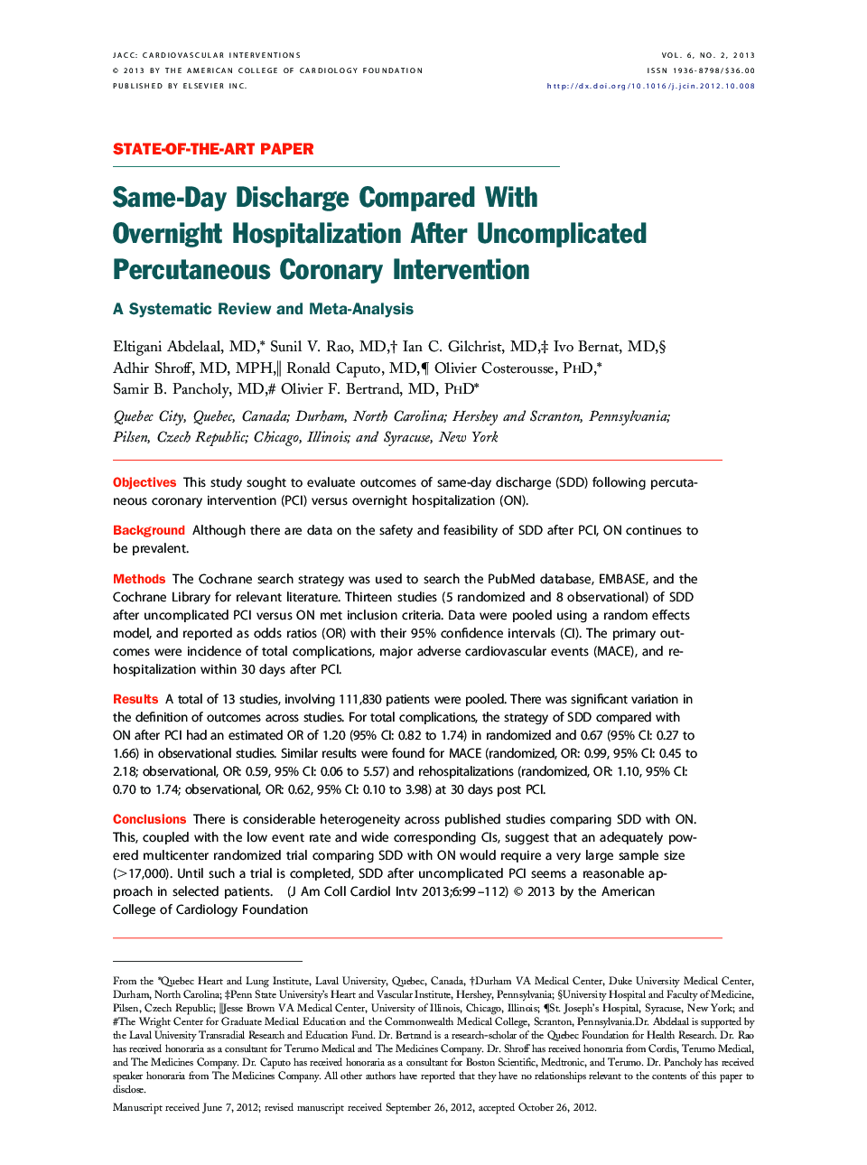 Same-Day Discharge Compared With Overnight Hospitalization After Uncomplicated Percutaneous Coronary Intervention : A Systematic Review and Meta-Analysis