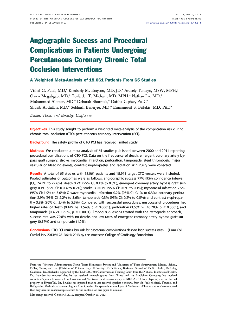 Angiographic Success and Procedural Complications in Patients Undergoing Percutaneous Coronary Chronic Total Occlusion Interventions : A Weighted Meta-Analysis of 18,061 Patients From 65 Studies