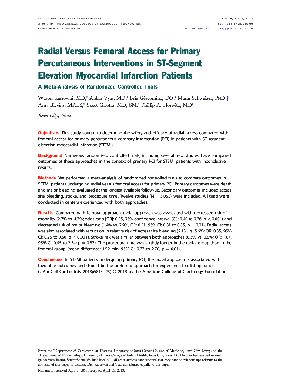 Radial Versus Femoral Access for Primary Percutaneous Interventions in ST-Segment Elevation Myocardial Infarction Patients : A Meta-Analysis of Randomized Controlled Trials
