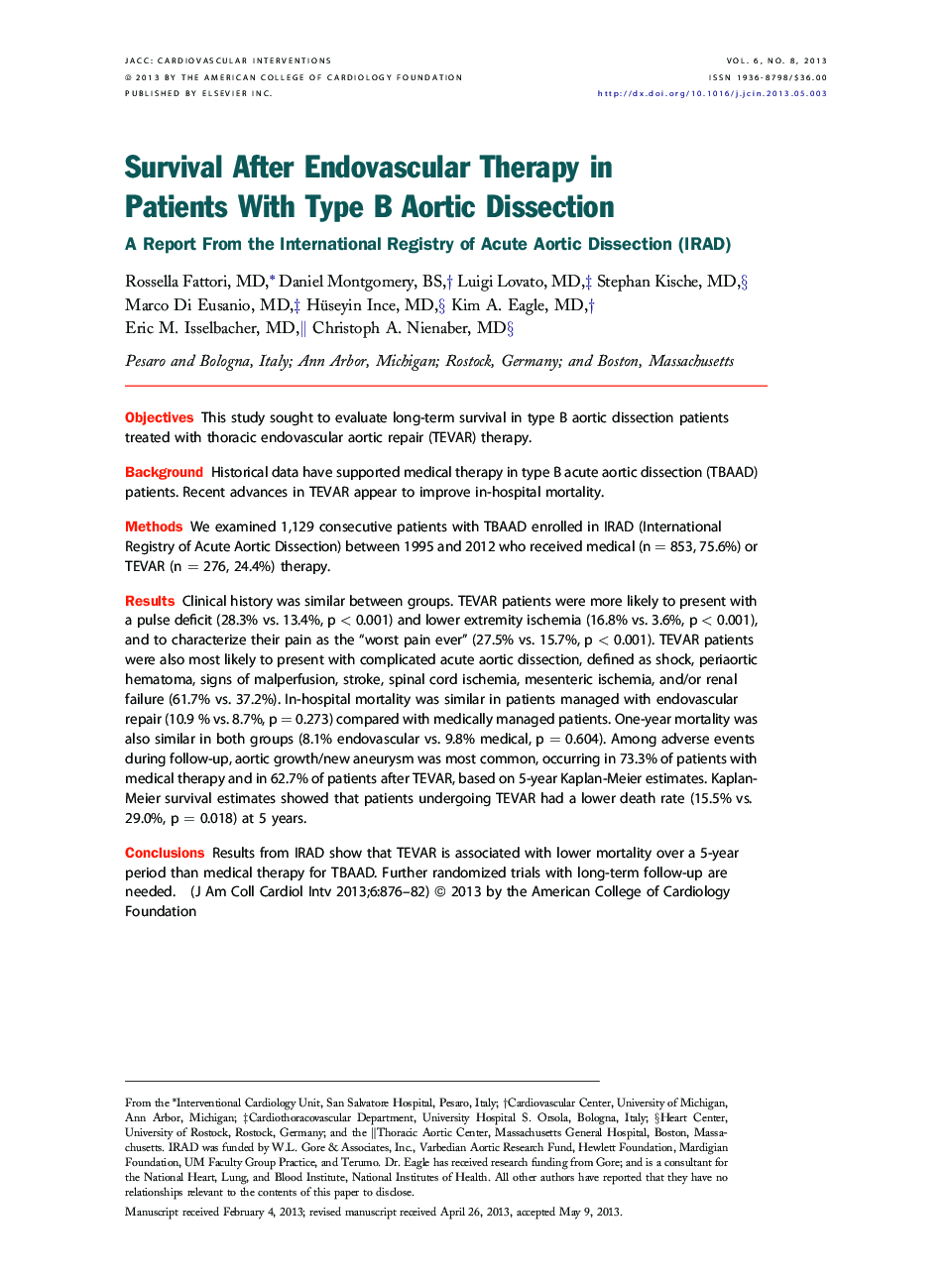 Survival After Endovascular Therapy in Patients With Type B Aortic Dissection : A Report From the International Registry of Acute Aortic Dissection (IRAD)