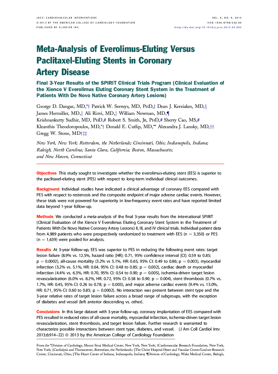 Meta-Analysis of Everolimus-Eluting Versus Paclitaxel-Eluting Stents in Coronary Artery Disease : Final 3-Year Results of the SPIRIT Clinical Trials Program (Clinical Evaluation of the Xience V Everolimus Eluting Coronary Stent System in the Treatment of 