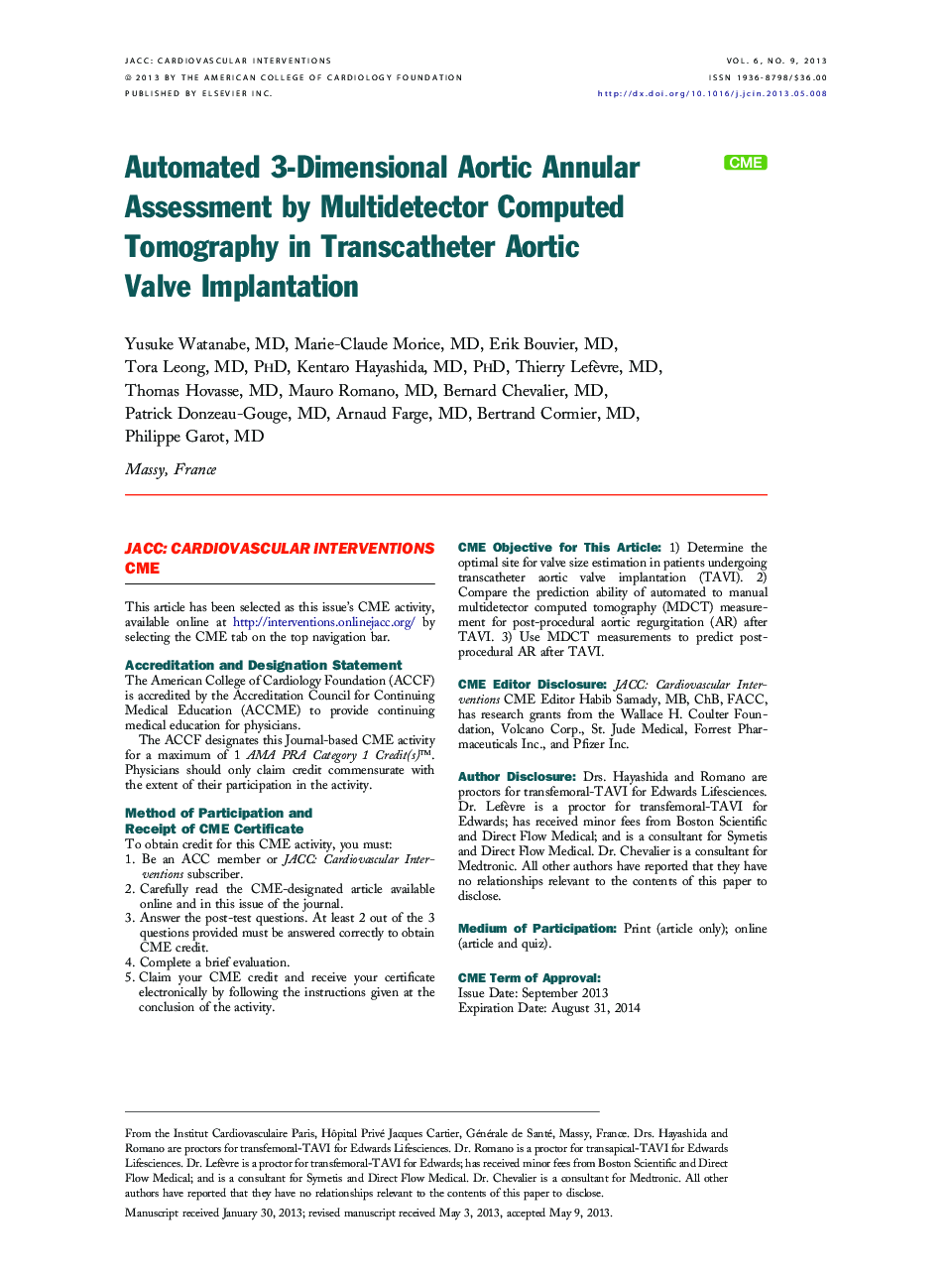 Automated 3-Dimensional Aortic Annular Assessment by Multidetector Computed Tomography in Transcatheter Aortic Valve Implantation 