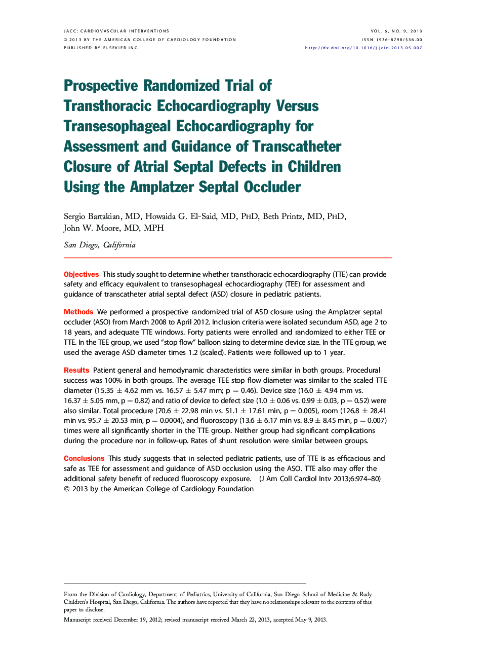 Prospective Randomized Trial of Transthoracic Echocardiography Versus Transesophageal Echocardiography for Assessment and Guidance of Transcatheter Closure of Atrial Septal Defects in Children Using the Amplatzer Septal Occluder 