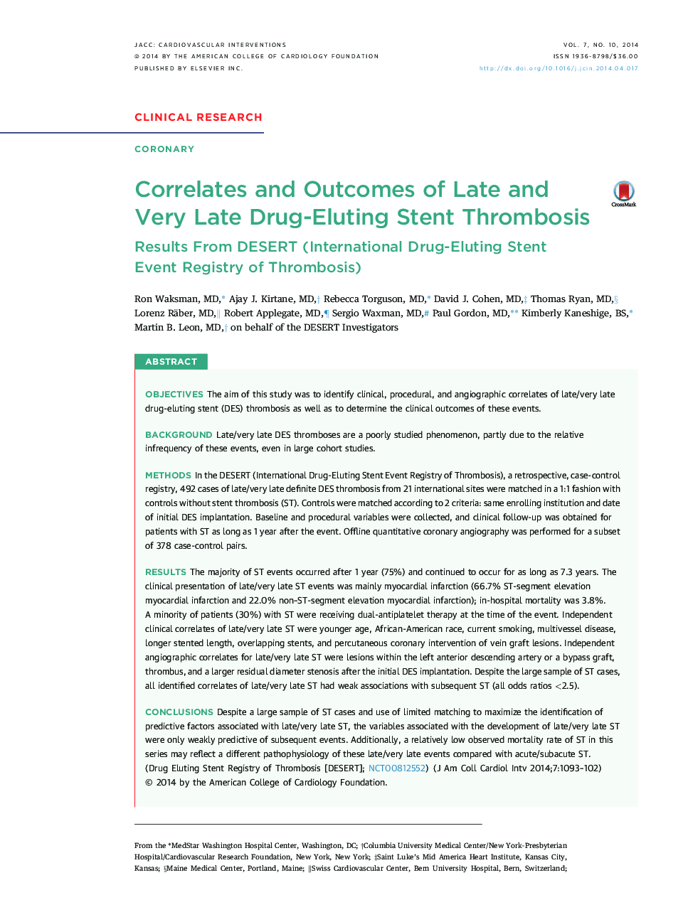 Correlates and Outcomes of Late and Very Late Drug-Eluting Stent Thrombosis : Results From DESERT (International Drug-Eluting Stent Event Registry of Thrombosis)