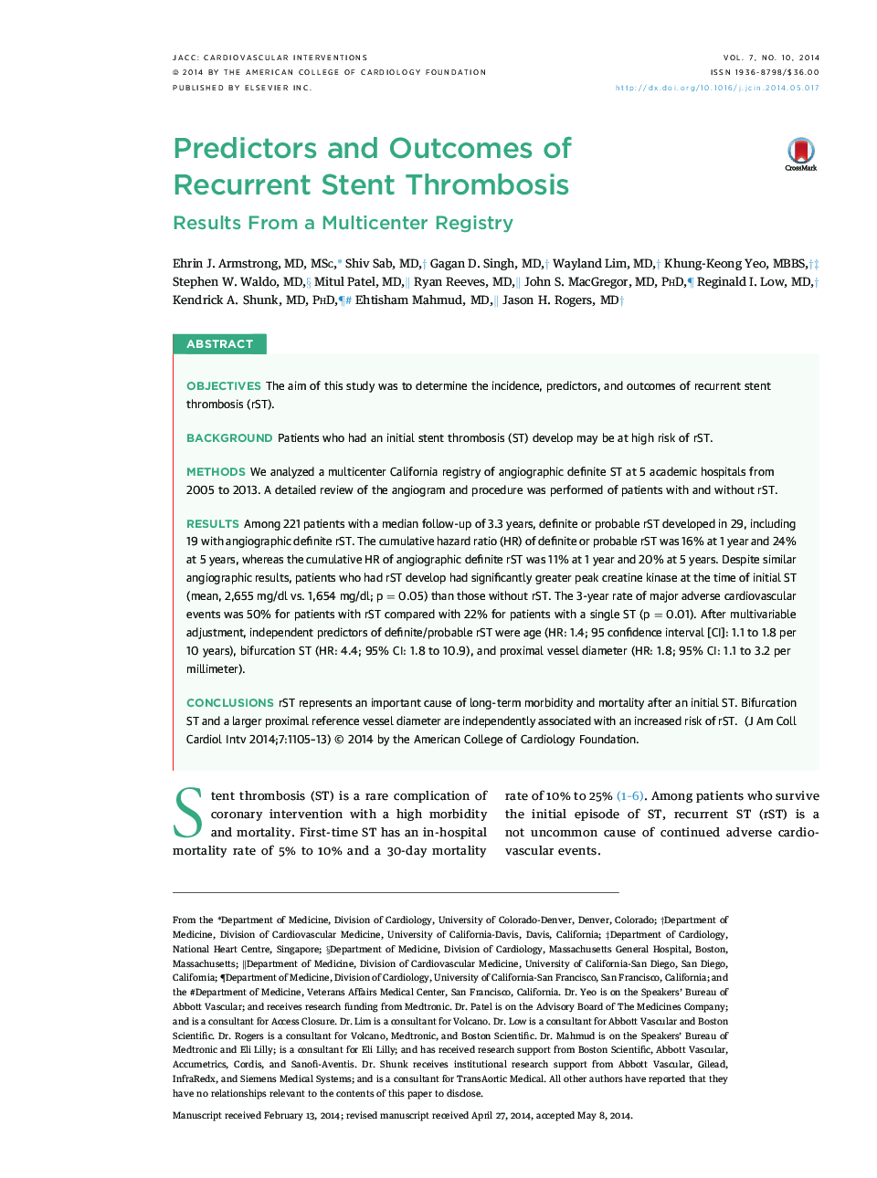 Predictors and Outcomes of Recurrent Stent Thrombosis : Results From a Multicenter Registry