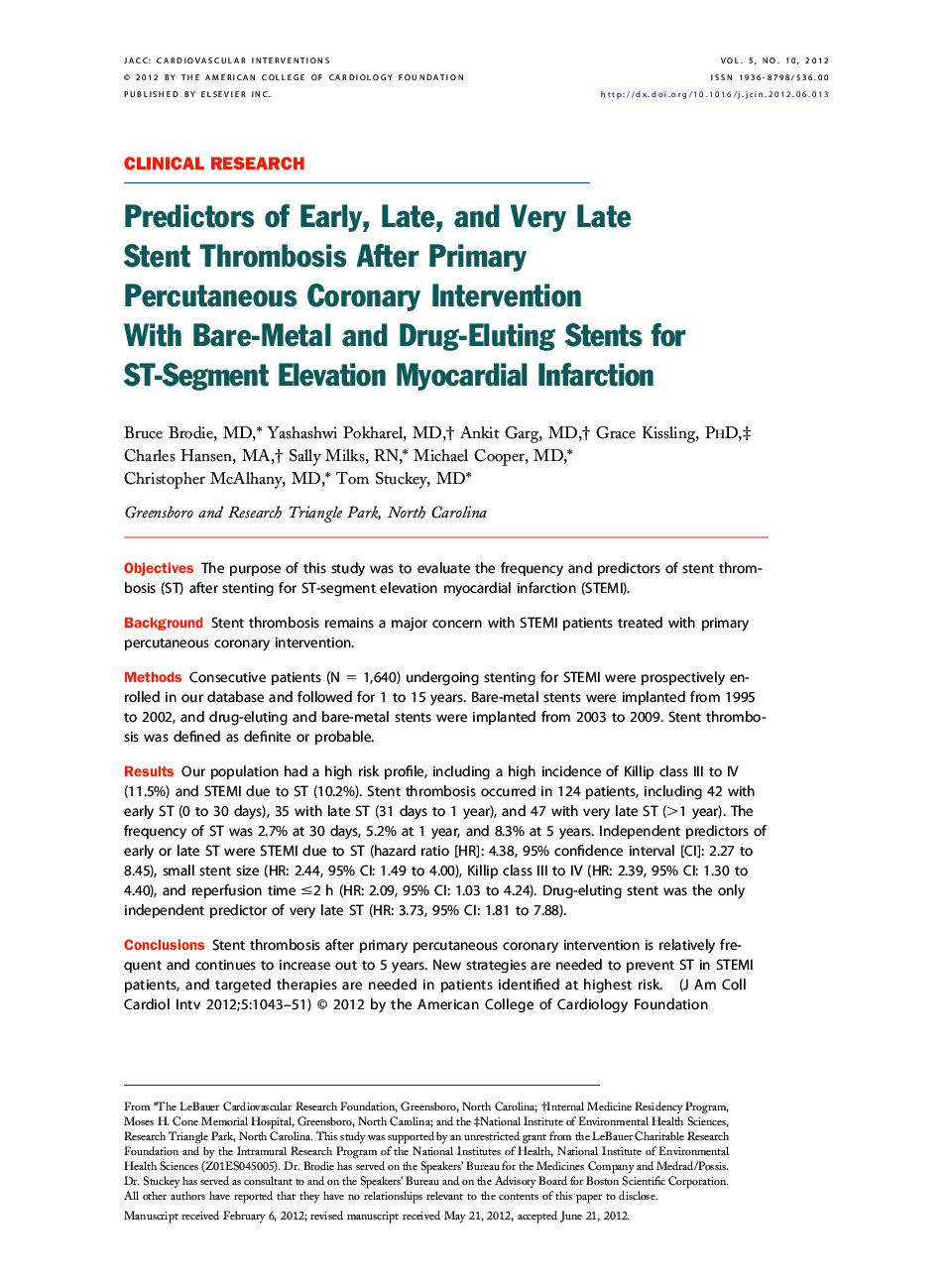 Predictors of Early, Late, and Very Late Stent Thrombosis After Primary Percutaneous Coronary Intervention With Bare-Metal and Drug-Eluting Stents for ST-Segment Elevation Myocardial Infarction 