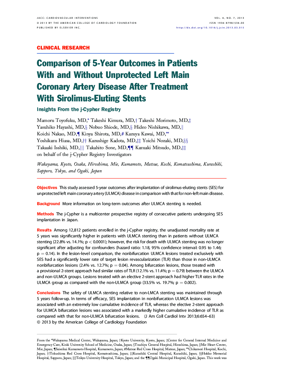 Comparison of 5-Year Outcomes in Patients With and Without Unprotected Left Main Coronary Artery Disease After Treatment With Sirolimus-Eluting Stents : Insights From the j-Cypher Registry