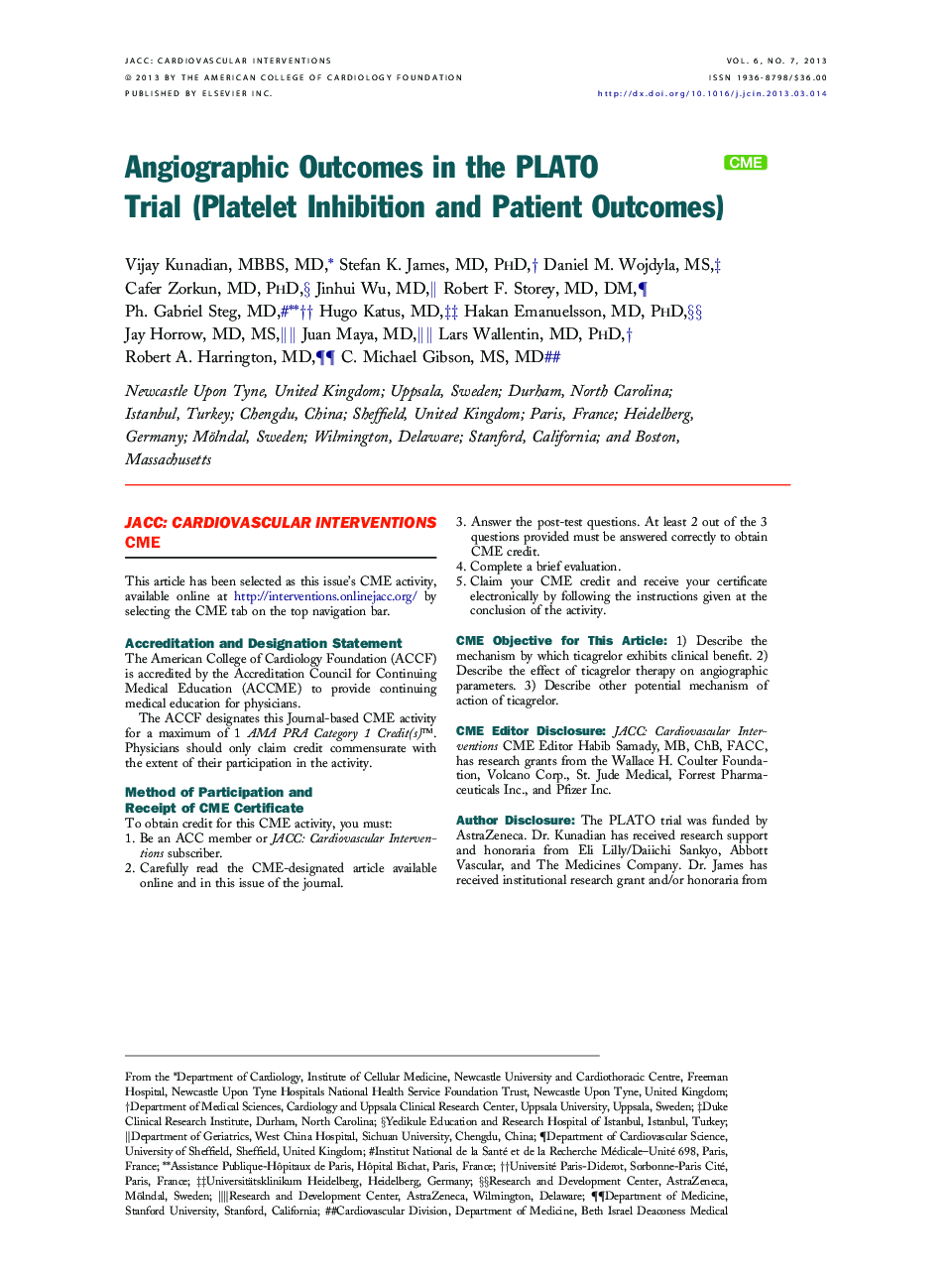 Angiographic Outcomes in the PLATO Trial (Platelet Inhibition and Patient Outcomes) 