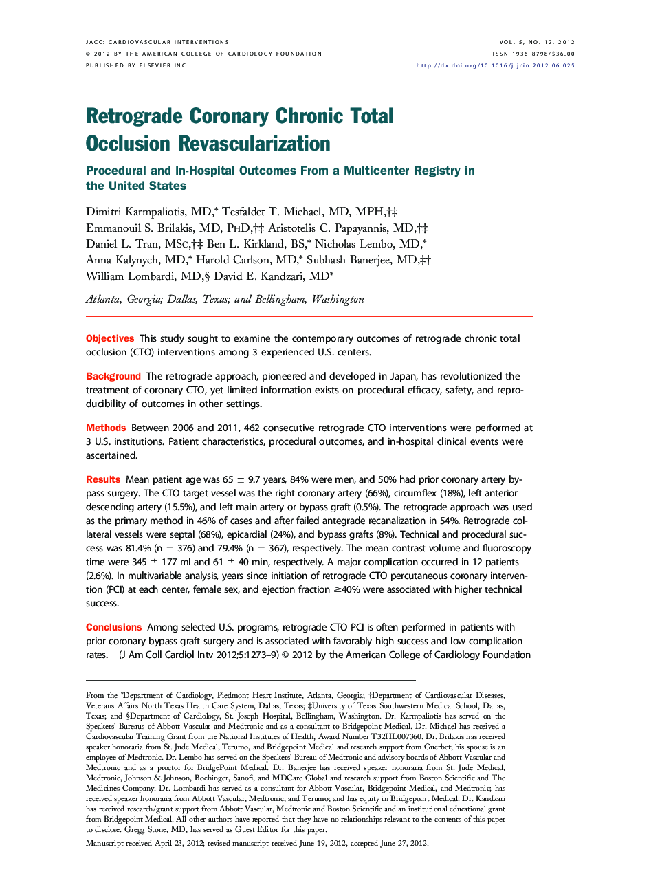 Retrograde Coronary Chronic Total Occlusion Revascularization : Procedural and In-Hospital Outcomes From a Multicenter Registry in the United States