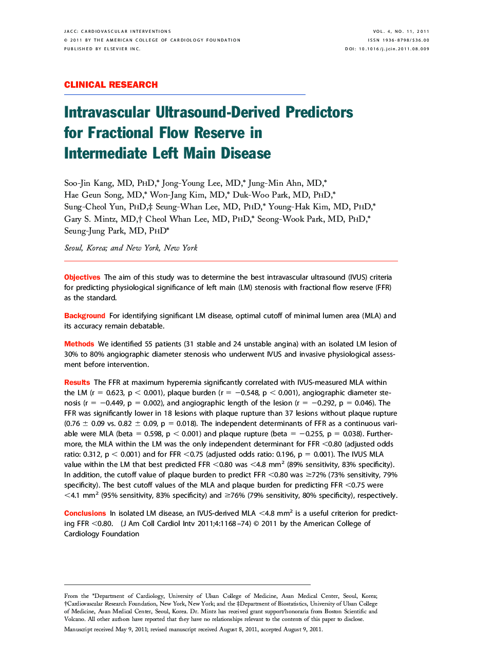 Intravascular Ultrasound-Derived Predictors for Fractional Flow Reserve in Intermediate Left Main Disease 