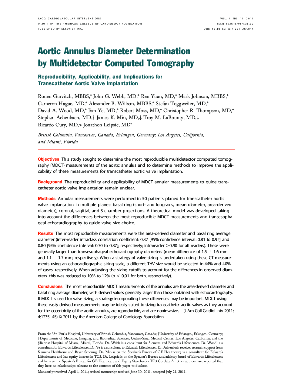 Aortic Annulus Diameter Determination by Multidetector Computed Tomography : Reproducibility, Applicability, and Implications for Transcatheter Aortic Valve Implantation