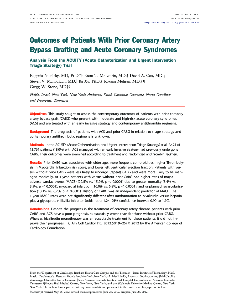 Outcomes of Patients With Prior Coronary Artery Bypass Grafting and Acute Coronary Syndromes : Analysis From the ACUITY (Acute Catheterization and Urgent Intervention Triage Strategy) Trial