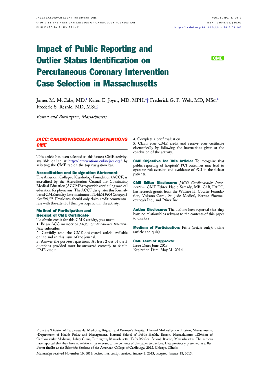 Impact of Public Reporting and Outlier Status Identification on Percutaneous Coronary Intervention Case Selection in Massachusetts 