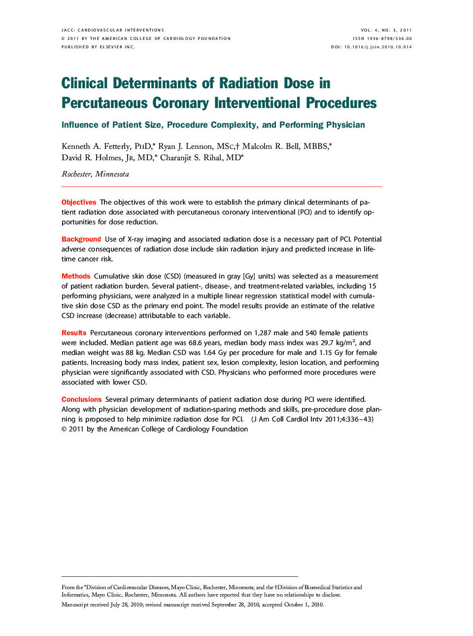 Clinical Determinants of Radiation Dose in Percutaneous Coronary Interventional Procedures : Influence of Patient Size, Procedure Complexity, and Performing Physician