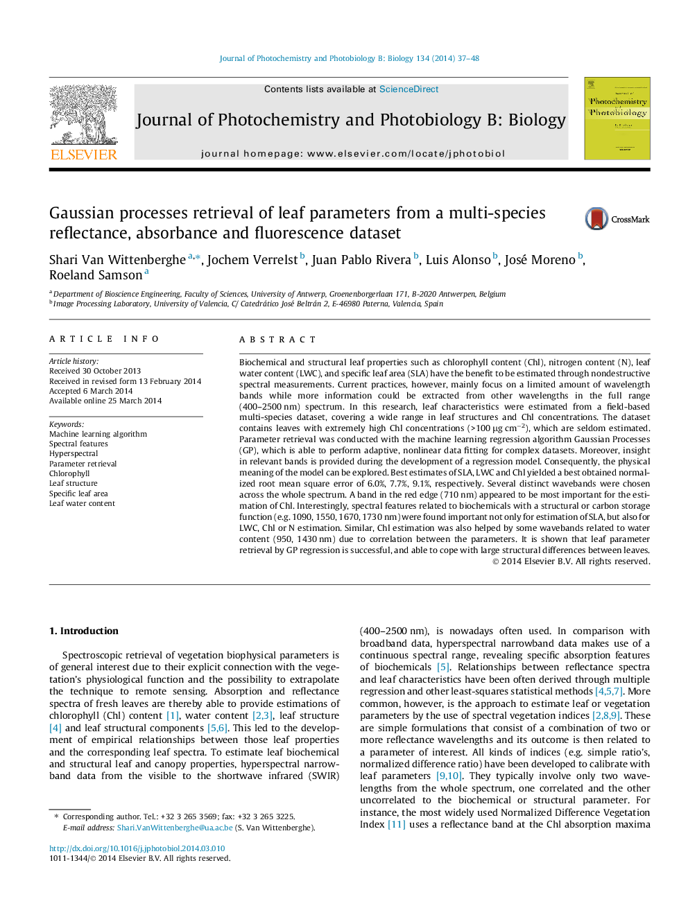 Gaussian processes retrieval of leaf parameters from a multi-species reflectance, absorbance and fluorescence dataset