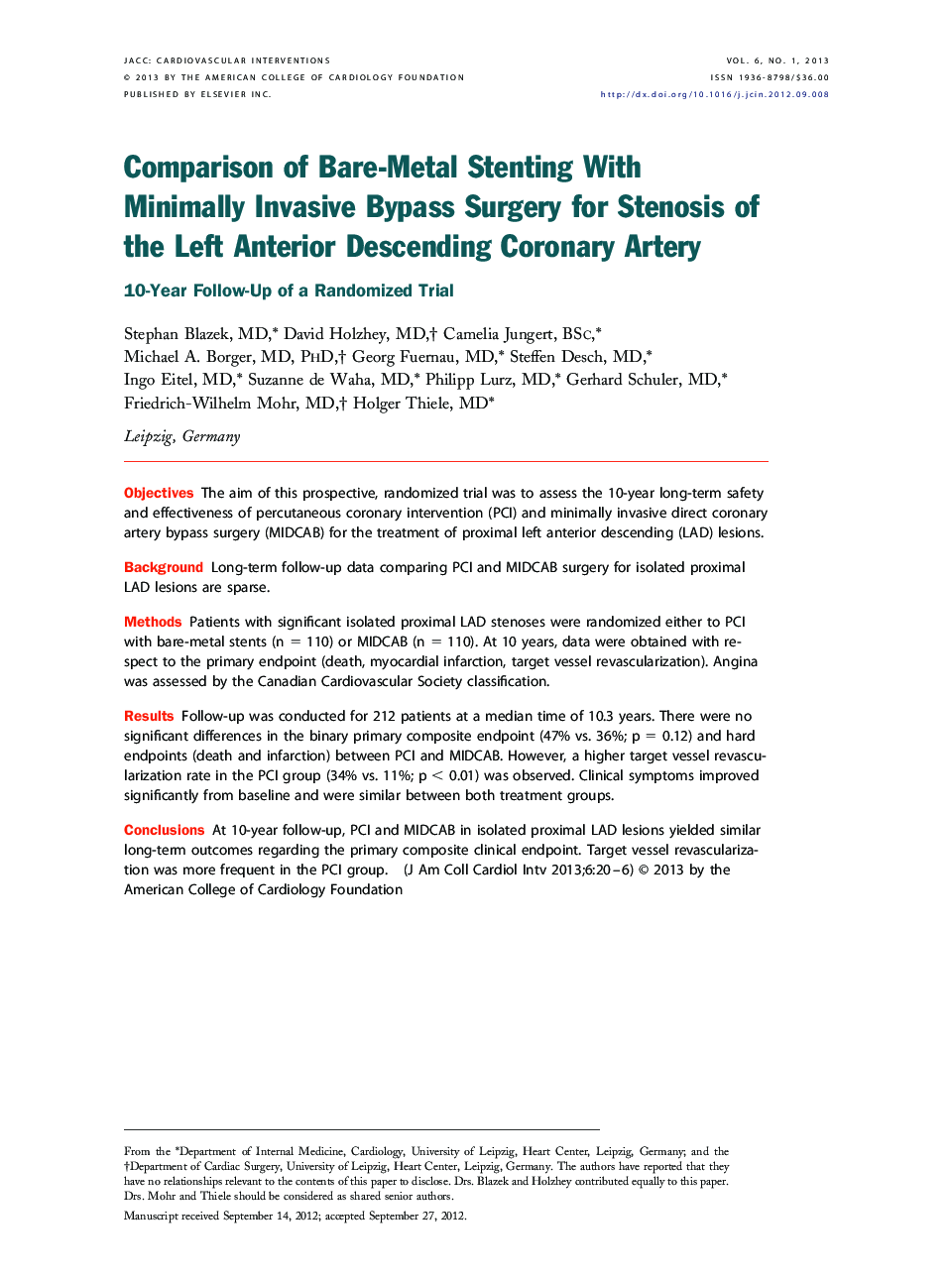 Comparison of Bare-Metal Stenting With Minimally Invasive Bypass Surgery for Stenosis of the Left Anterior Descending Coronary Artery : 10-Year Follow-Up of a Randomized Trial