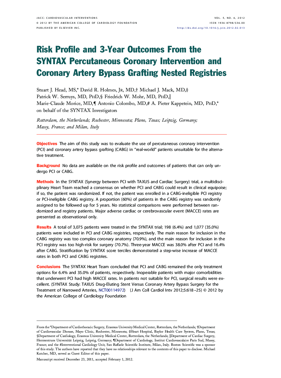 Risk Profile and 3-Year Outcomes From the SYNTAX Percutaneous Coronary Intervention and Coronary Artery Bypass Grafting Nested Registries 