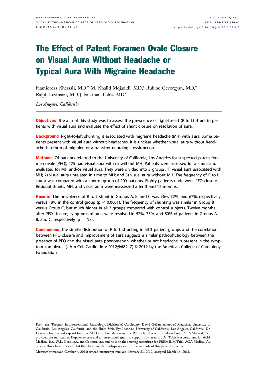 The Effect of Patent Foramen Ovale Closure on Visual Aura Without Headache or Typical Aura With Migraine Headache 