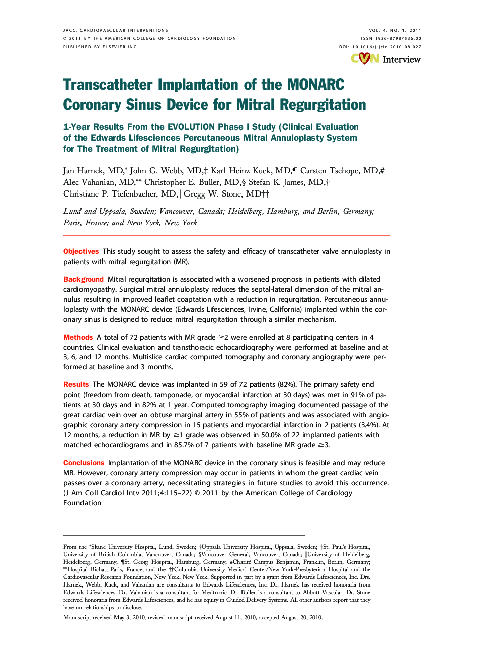 Transcatheter Implantation of the MONARC Coronary Sinus Device for Mitral Regurgitation : 1-Year Results From the EVOLUTION Phase I Study (Clinical Evaluation of the Edwards Lifesciences Percutaneous Mitral Annuloplasty System for The Treatment of Mitral 