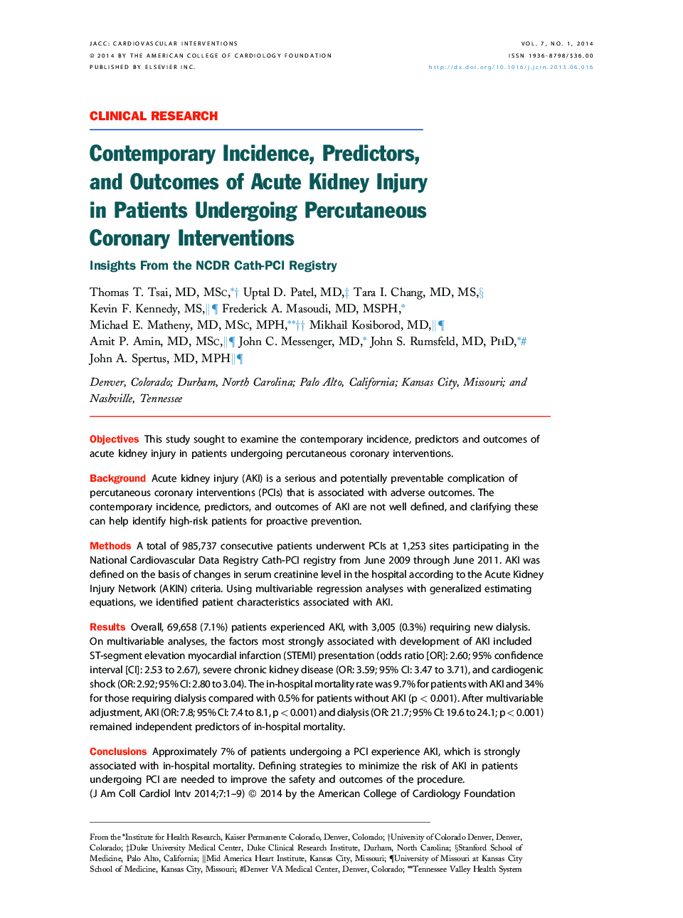 Contemporary Incidence, Predictors, and Outcomes of Acute Kidney Injury in Patients Undergoing Percutaneous Coronary Interventions : Insights From the NCDR Cath-PCI Registry