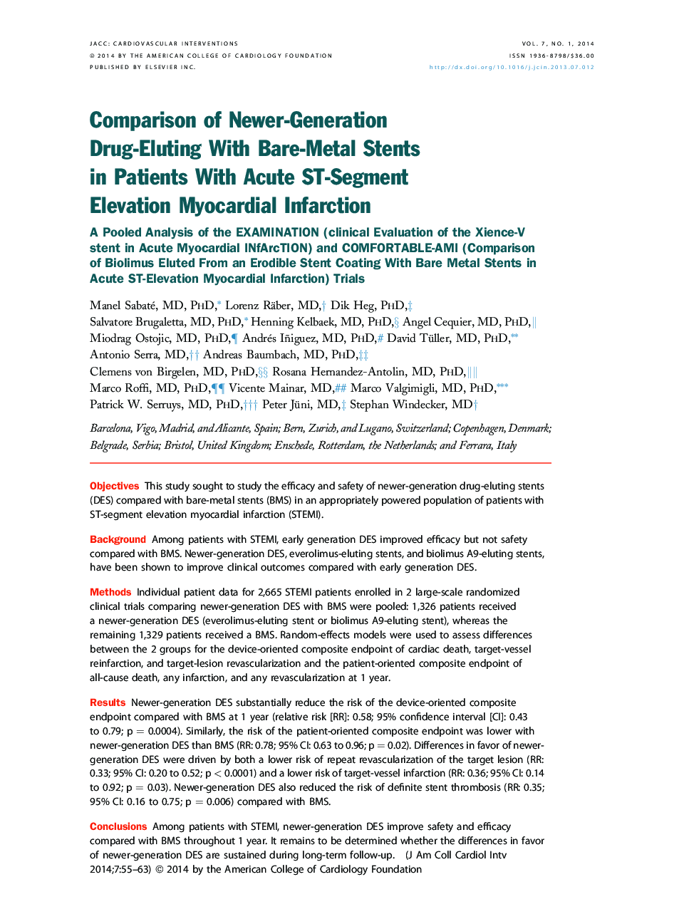 Comparison of Newer-Generation Drug-Eluting With Bare-Metal Stents in Patients With Acute ST-Segment Elevation Myocardial Infarction : A Pooled Analysis of the EXAMINATION (clinical Evaluation of the Xience-V stent in Acute Myocardial INfArcTION) and COMF