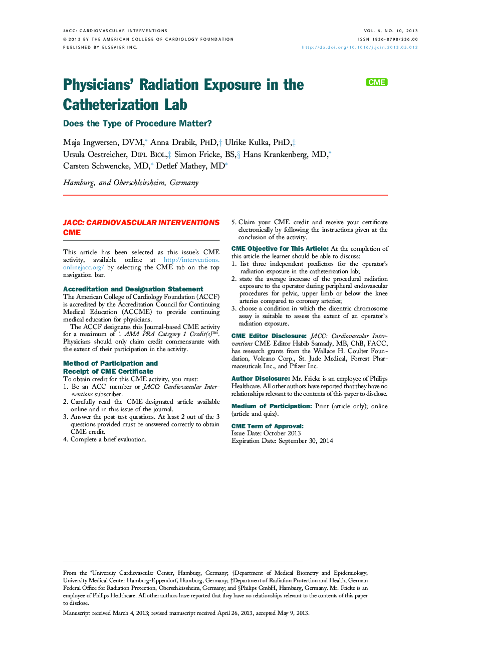 Physicians' Radiation Exposure in the Catheterization Lab : Does the Type of Procedure Matter?