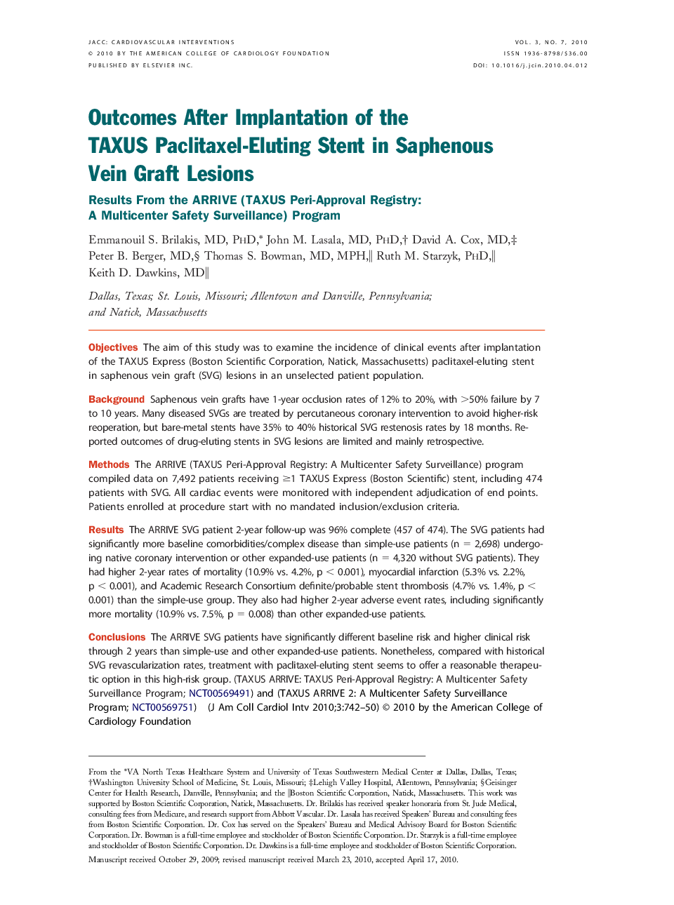 Outcomes After Implantation of the TAXUS Paclitaxel-Eluting Stent in Saphenous Vein Graft Lesions : Results From the ARRIVE (TAXUS Peri-Approval Registry: A Multicenter Safety Surveillance) Program