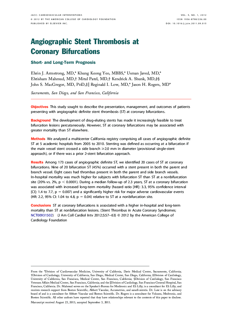 Angiographic Stent Thrombosis at Coronary Bifurcations : Short- and Long-Term Prognosis