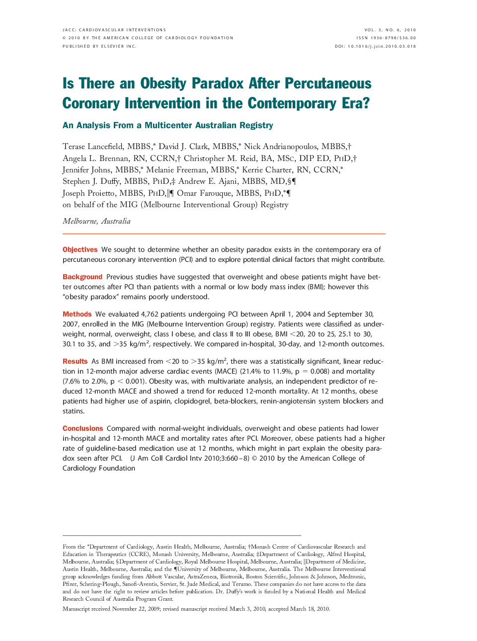 Is There an Obesity Paradox After Percutaneous Coronary Intervention in the Contemporary Era? : An Analysis From a Multicenter Australian Registry